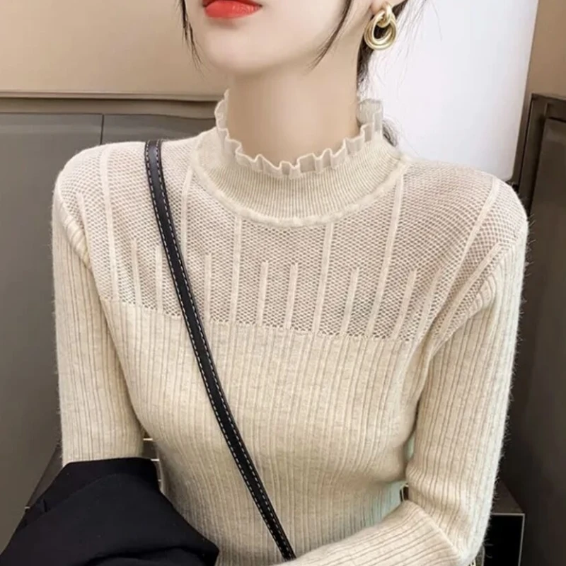 Outono/inverno pulôver de malha feminino suéteres moda manga longa meia gola alta renda blusas básicas