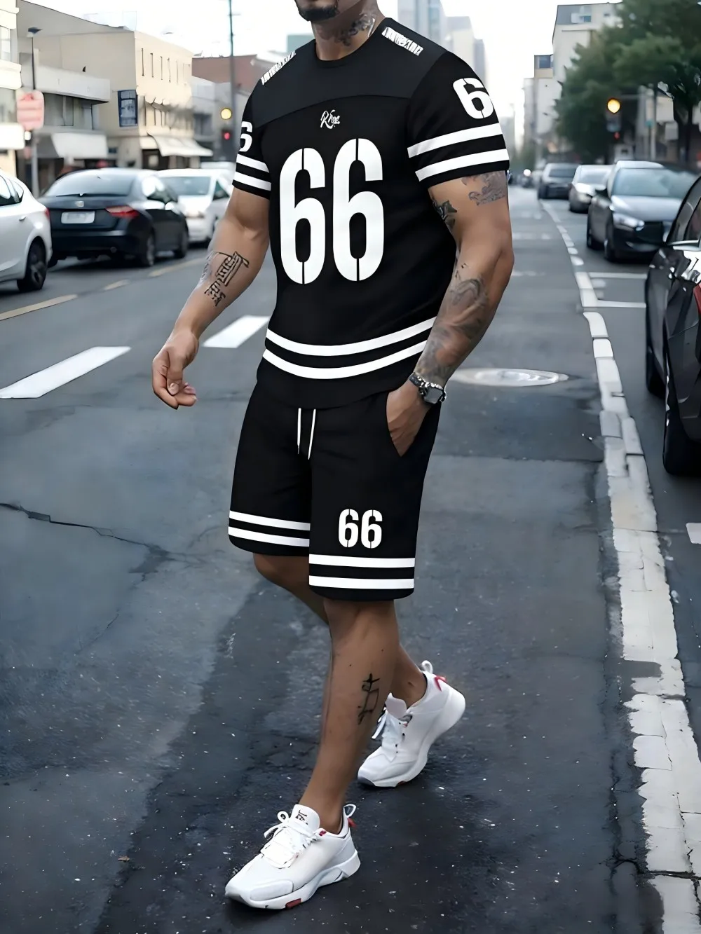 Men's summer training striped digital print comfortable breathable round neck T-shirt drawstring shorts set outdoor sportswear