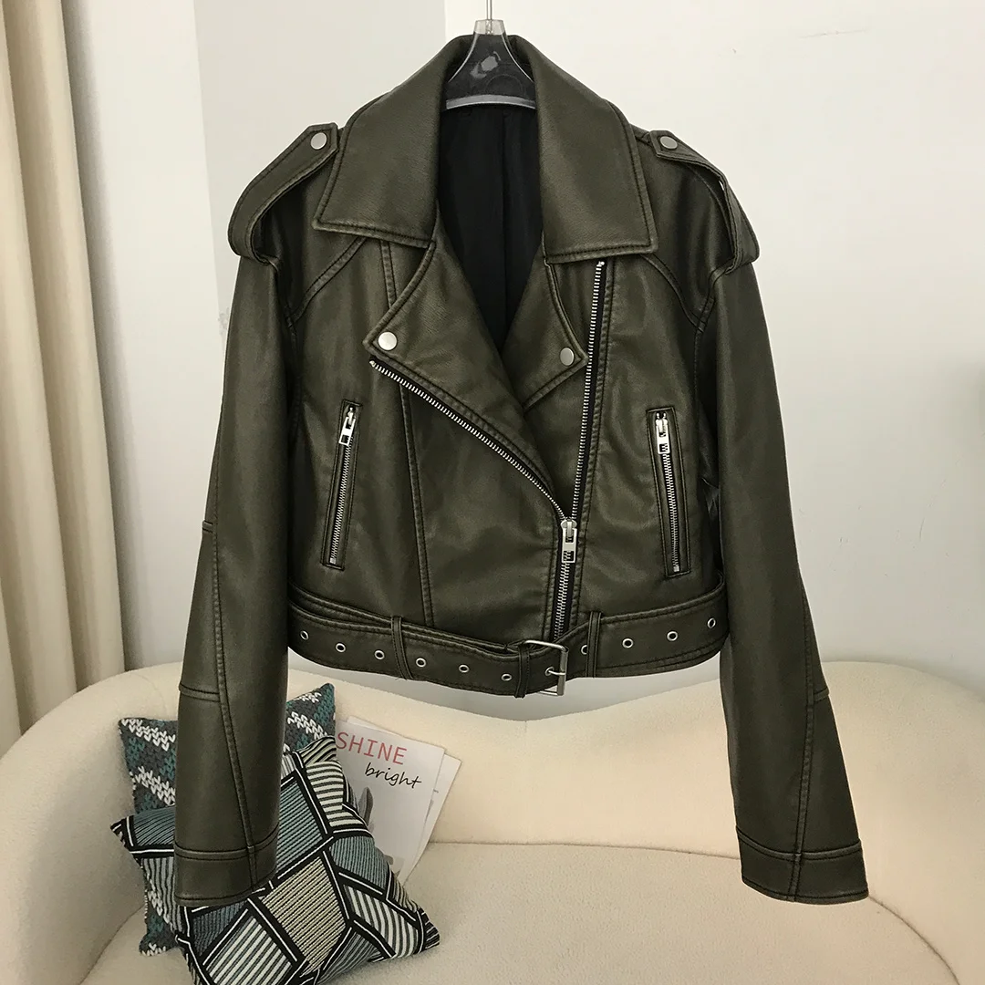 2024 New Spring Woman Faux Leather Jacket Chic Vintage Short Lapel Zipper Belt Biker Coats Fashion Streetwear Mujer