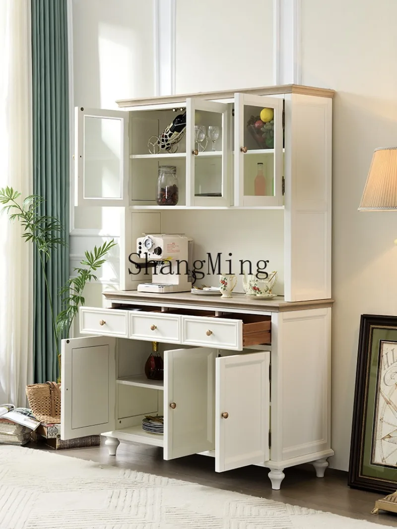 PYH white solid wood dining side cabinet, three doors, living room high cabinet integrated with wall storage