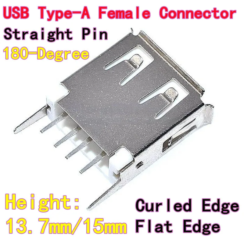 50PCS USB Receptacle USB Type-A Female Connector 180-Degree Straight Vertical USB Socket Straight Pin Curled Edge/Flat Edge