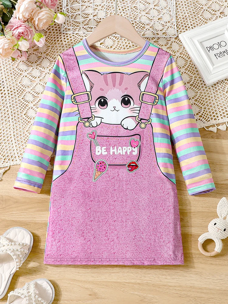 Girls Cartoon Cat Colorful Striped Print Random Print Spring and Autumn Comfortable Casual Dress