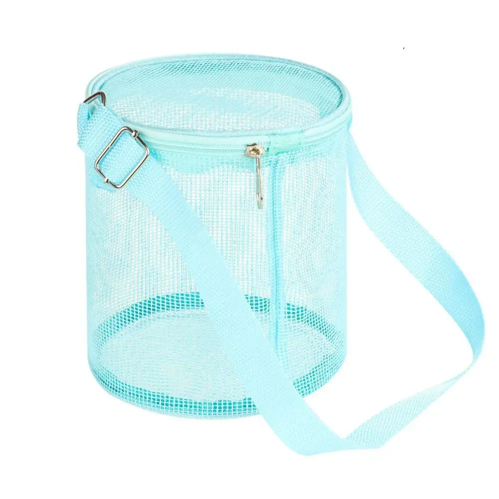 Mesh Beach Bag for Kids Toy Organizer Net Zipper Adjustable Shoulder Strap Storage Pouch Child Shell Collecting Bag Round Bucket