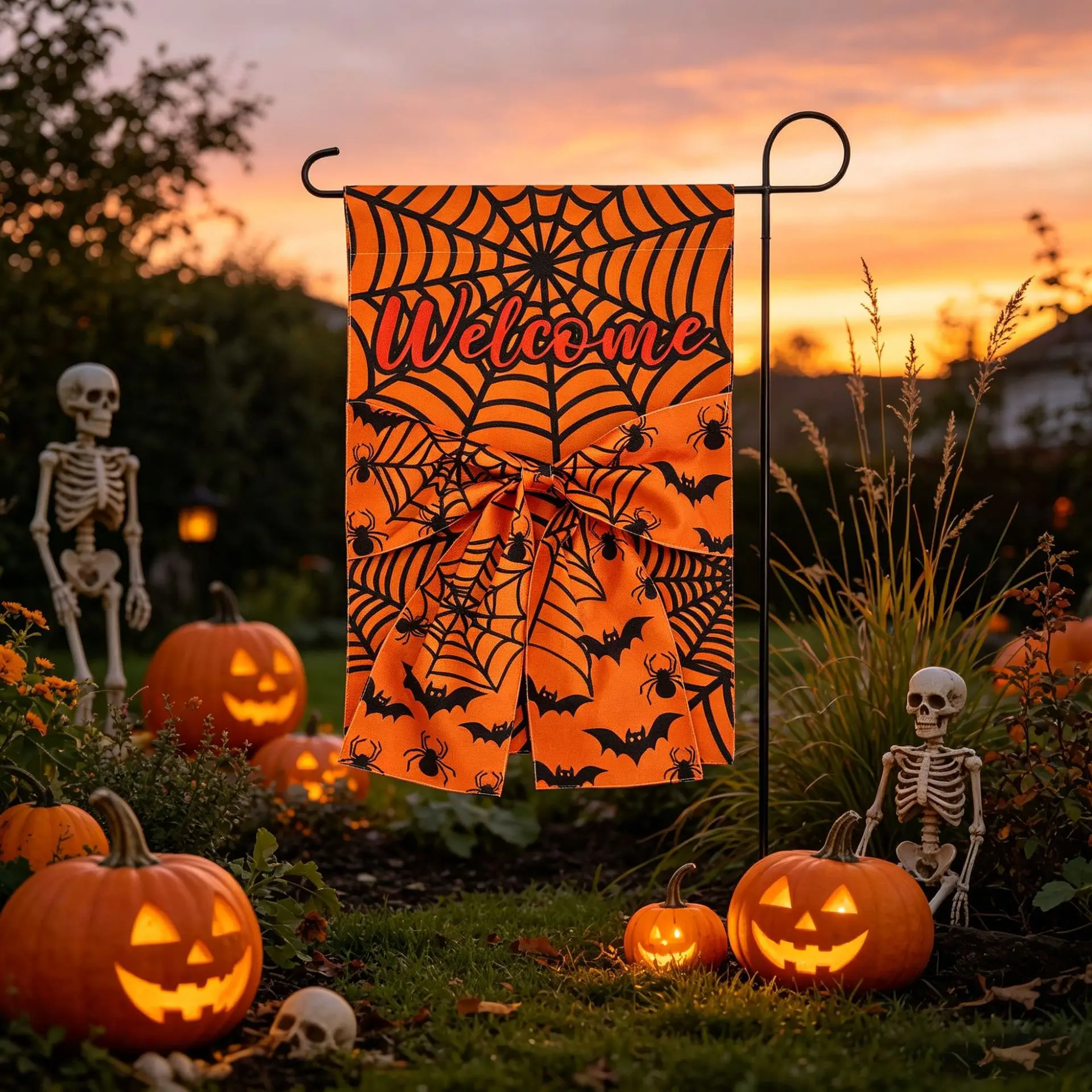 2 Stück Halloween Gartenläufer Digital Bedruckt Doppelseitiger Leinenstoff Schleifendekoration Hofläufer – Detail 12