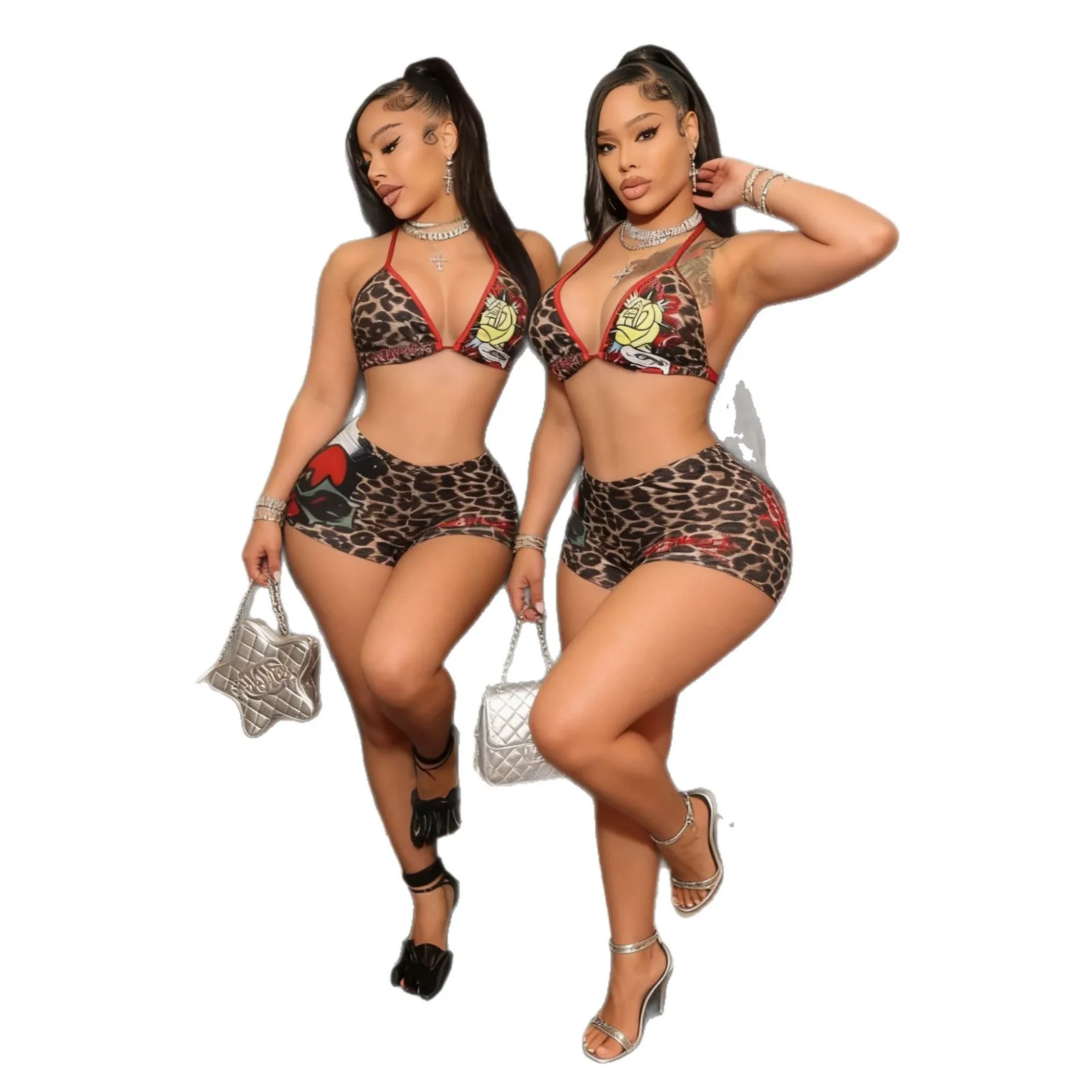 

Leopard print sexy two-piece hot girl nightclub style shorts set