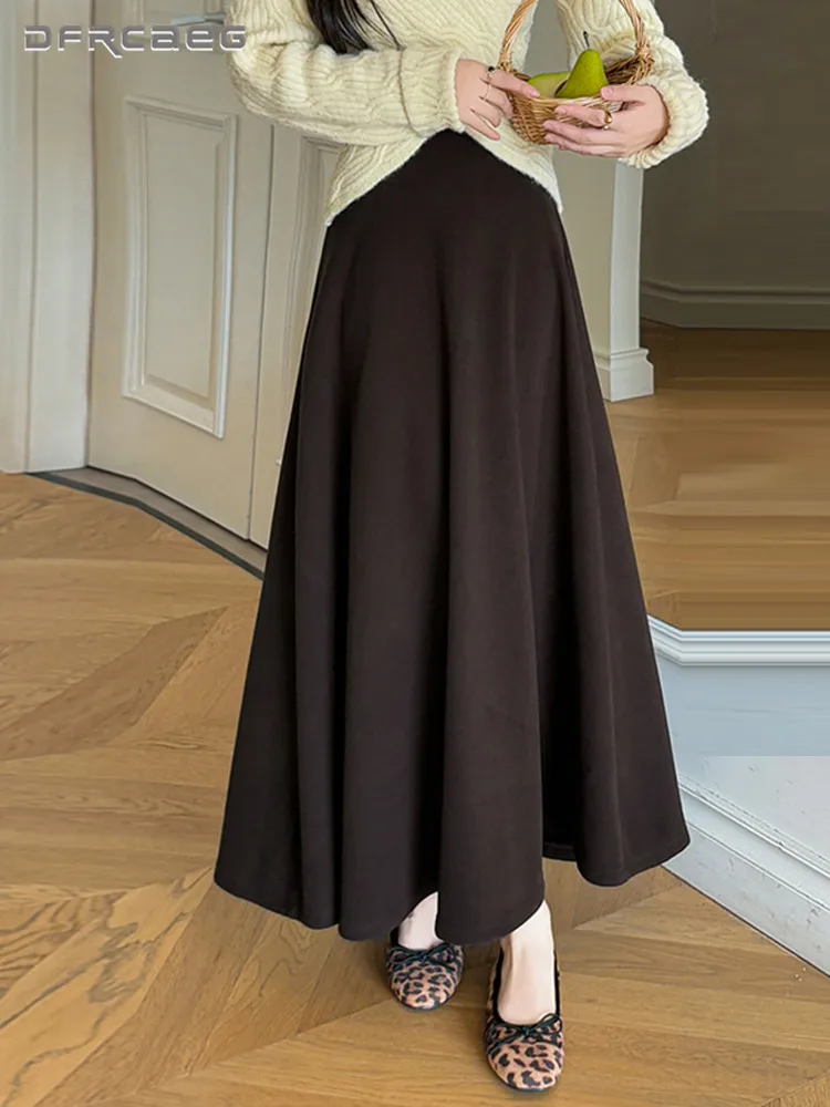 Autumn Winter Women's Fleece Lined A-Line Long Skirt Elastic Waist Thickened Vintage Casual A-Line Skirts L ady