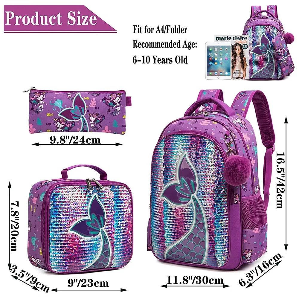 BIKAB School Backpack Girls 16 Inch Girls School Sequin Backpack with Lunch Box Backpack Women Girls School Supplies Set Bags