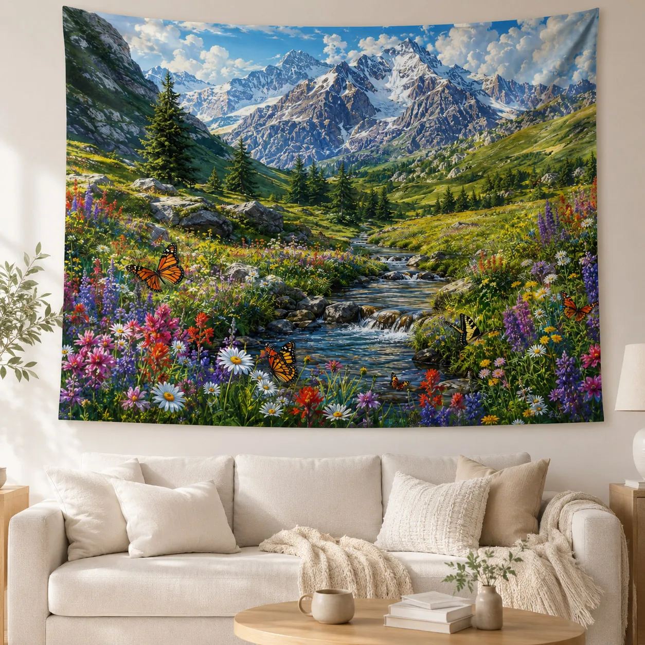 Floral Snow Mountain Tapestry Wildflower River Wall Hanging Boho Room Decor Nature Landscape Garden