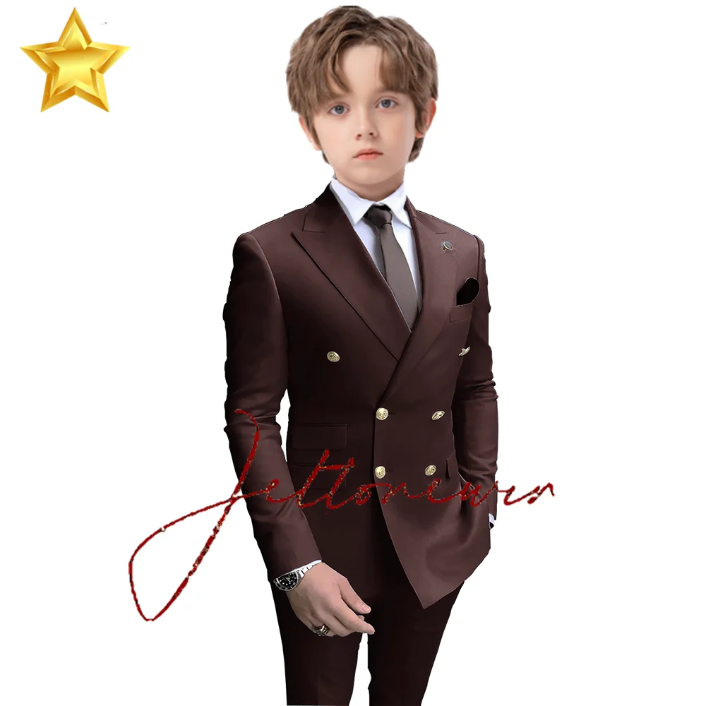 Navy Boy Party Tuxedos 2 Pieces Latest Peak Lapel Boy Suits Gold Buttons Fashion Style Suits Double Breasted