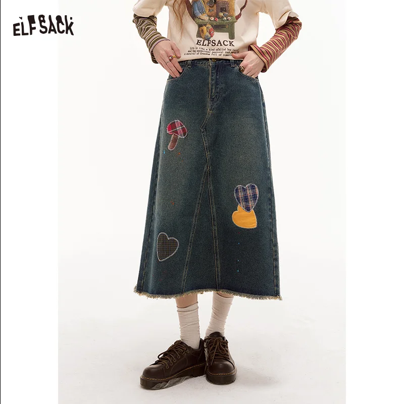 ELFSACK 2024 Autumn New Arrivals Heart Frayed American Denim Skirt for Women Splash Ink Design Long Skirt