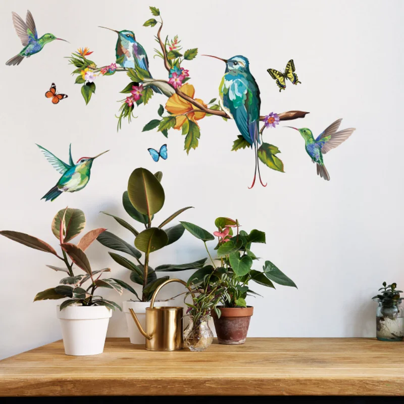 Colored Butterfly Branch Bird Wall Sticker Cartoon Children's Bedroom Background Decor Kindergarten Classroom Stickers Removable