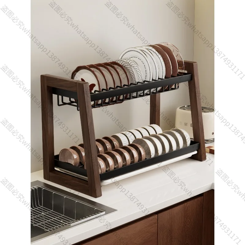 Walnut Kitchen Dish Rack Countertop Dish Plate Drainer Storage Holder Mid Century Style Tableware Cutlery Seasoning Organizer