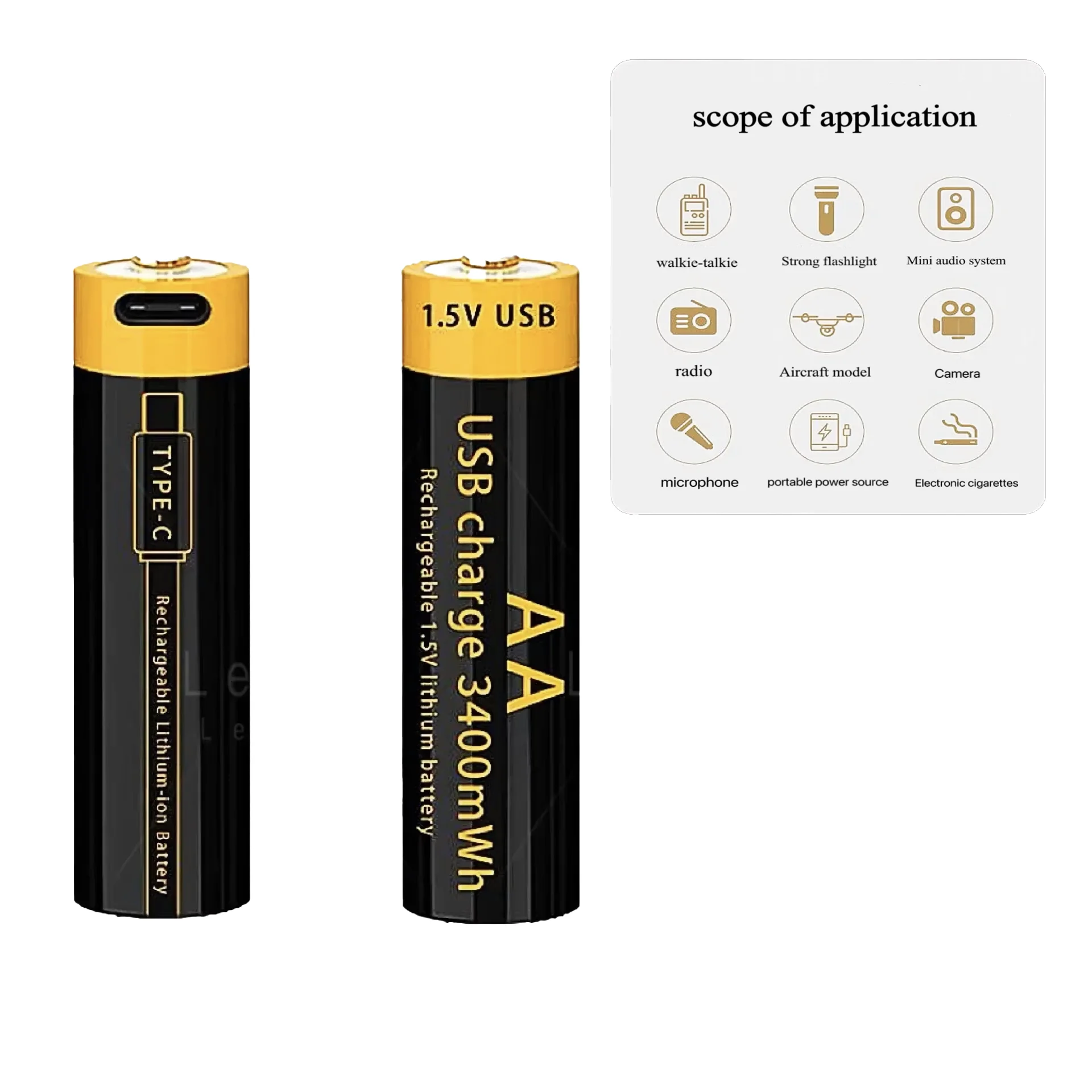 

High performance rechargeable lithium battery pack AA1.5V 3400mAh USB, typc-c interface