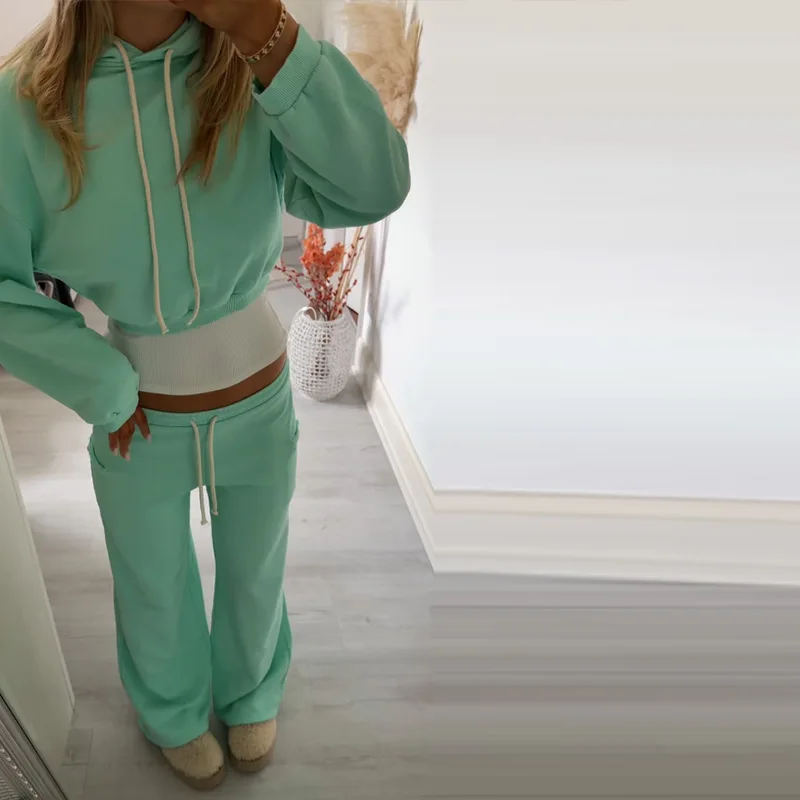 Damen Crop-Hoodie-Sweatset-Outfit, Langarm-Kapuzenpullover mit Kordelzug, Weitbeinige Jogginghose, Trainingsanzug, Lässige Streetwear – Detail 23
