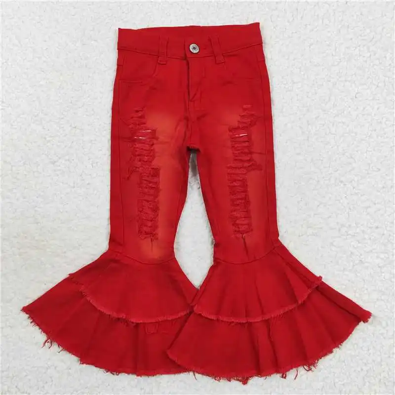 

Wholesale GTirls' Autumn AndWinter Trousers, Double-Layer Denim Bell-Bottoms, Ripped Elements, Bright Colors And Ruffle