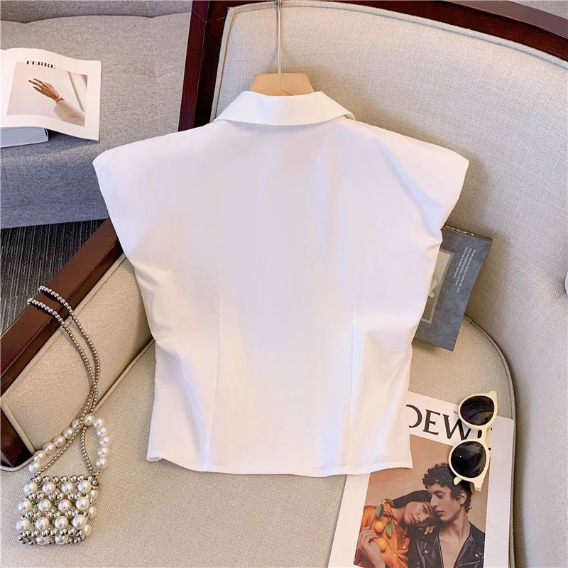 French sleeveless shirts, high-end design sense, bow pleated polo shirts, niche chic shoulder tops, foreign style