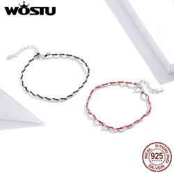 WOSTU Real 925 Sterling Silver Red & Black Rope Bracelet Simple Lucky Bangle Fit Beads Charms DIY Jewelry Making FIB173