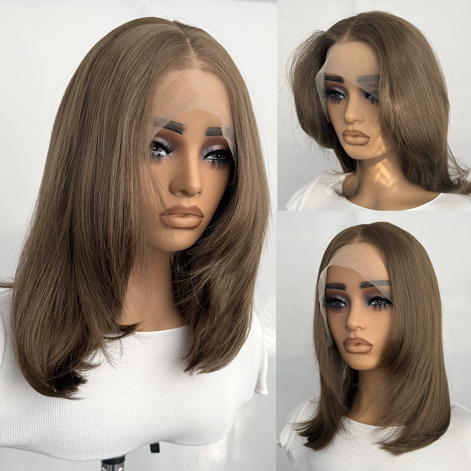 Braune kurze Bob-Perücke, geschichteter Schnitt, 13 x 4, kurze, gerade Lace-Front-Perücken für Frauen, synthetischer, natürlicher Haaransatz, tägliches Tragen
