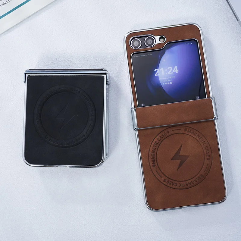 

For Samsung Galaxy Z Flip 7 6 5 4 3 Sheep Leather Plating PC Plain Leather Invisible Magnetic Folding Phone Case