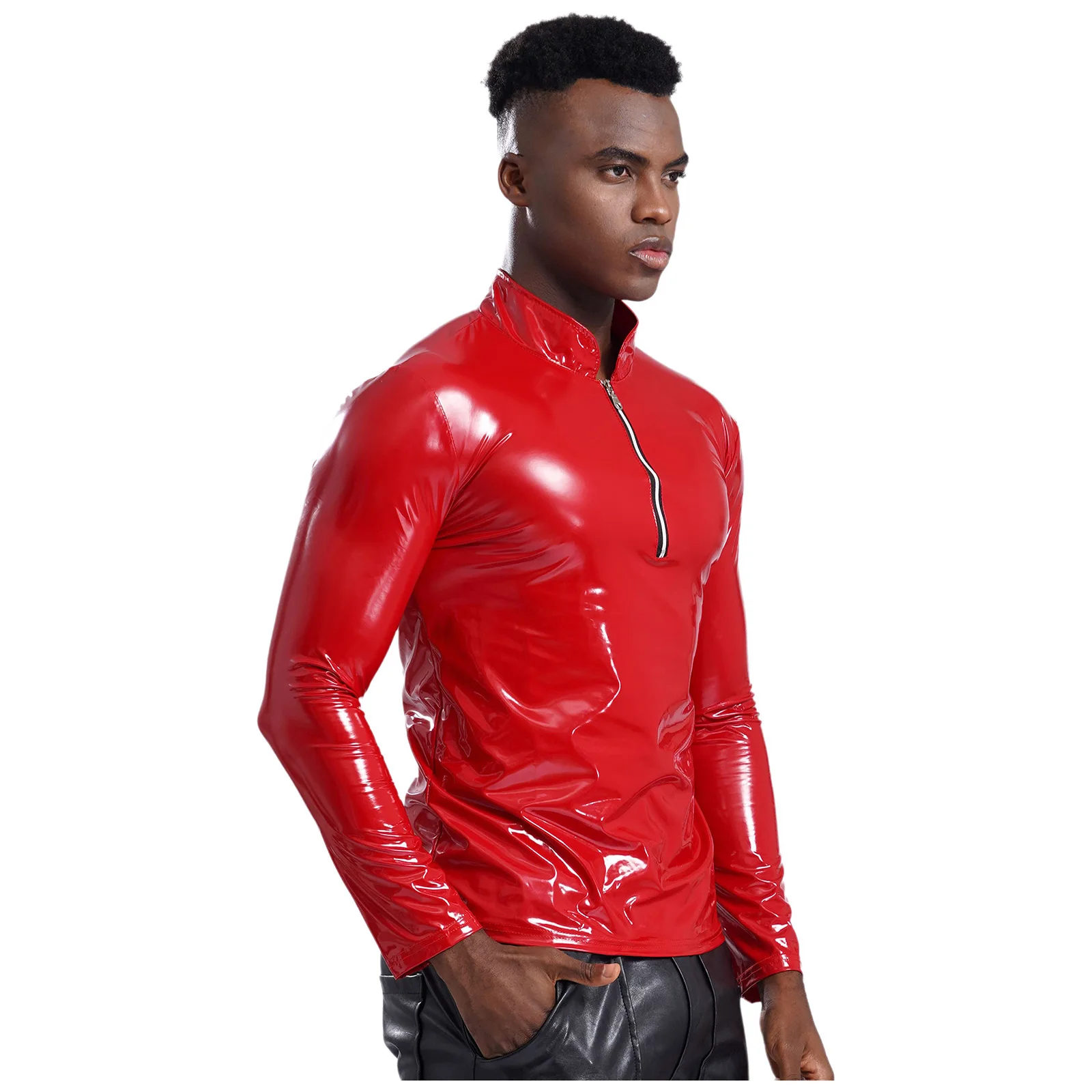 Mens Metallic Shiny Latex Coat for Male Clubwear Glossy PU Leather Latex Shirt Tops Mock Neck Long Sleeve Front Zipper Shirt