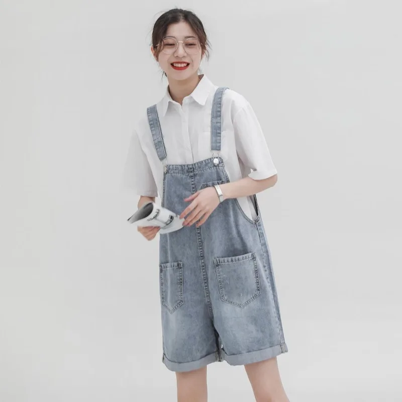 

Summer Women's Denim Backstrap Shorts Literary Casual Short Rompers Jeans Loose Large Size Rolled Edge Short Jumpsuit Overalls