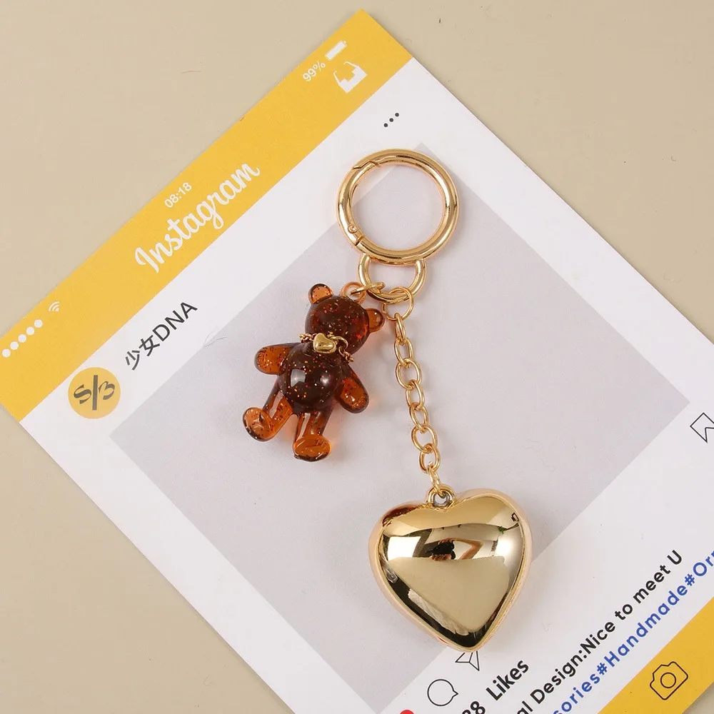 Bear Bag Charm Transparent Brown Glitter Heart Keychain Gold Tone Purse Handbag Tote Backpack Fashion Accessory For Women Gift