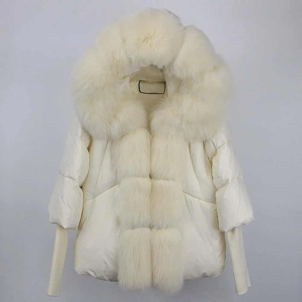 Inverno streetwear outerwear jaqueta feminina gola de pele de raposa real com capuz natural grosso quente solto oversize pato para baixo casaco