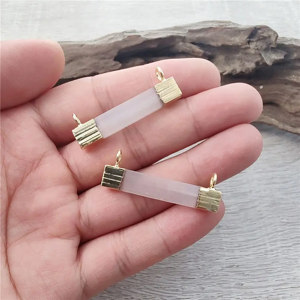 FUWO Wholesale Natural Selenite Bar Pendants Golden Plated Crystal Accessories For Women Jewelry Making PD481 5PCS/Lot