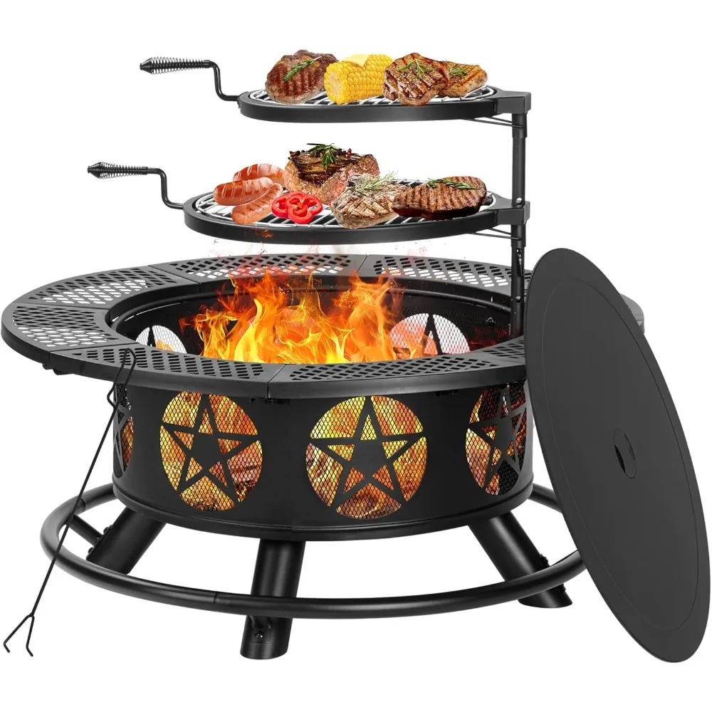 

36 Inch Fire Pit with 2 Grills, Wood Burning Fire Pits for Outside with Lid & Poker, BBQ& Outdoor Firepit & Round Metal Table 3