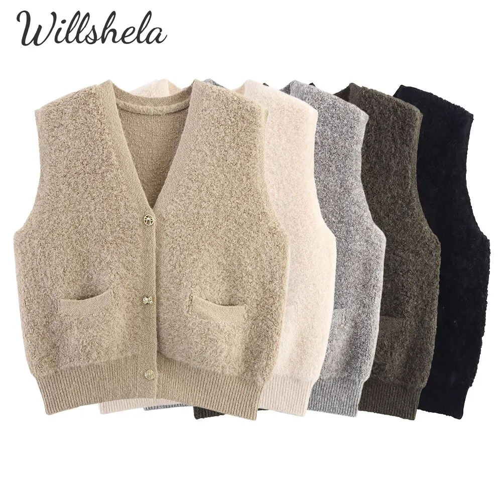 

Willshela Women Fashion Solid Sweater Vest V-Neck Sleeveless Female Chic Lady Casual Mujer Knitted Waistcoat
