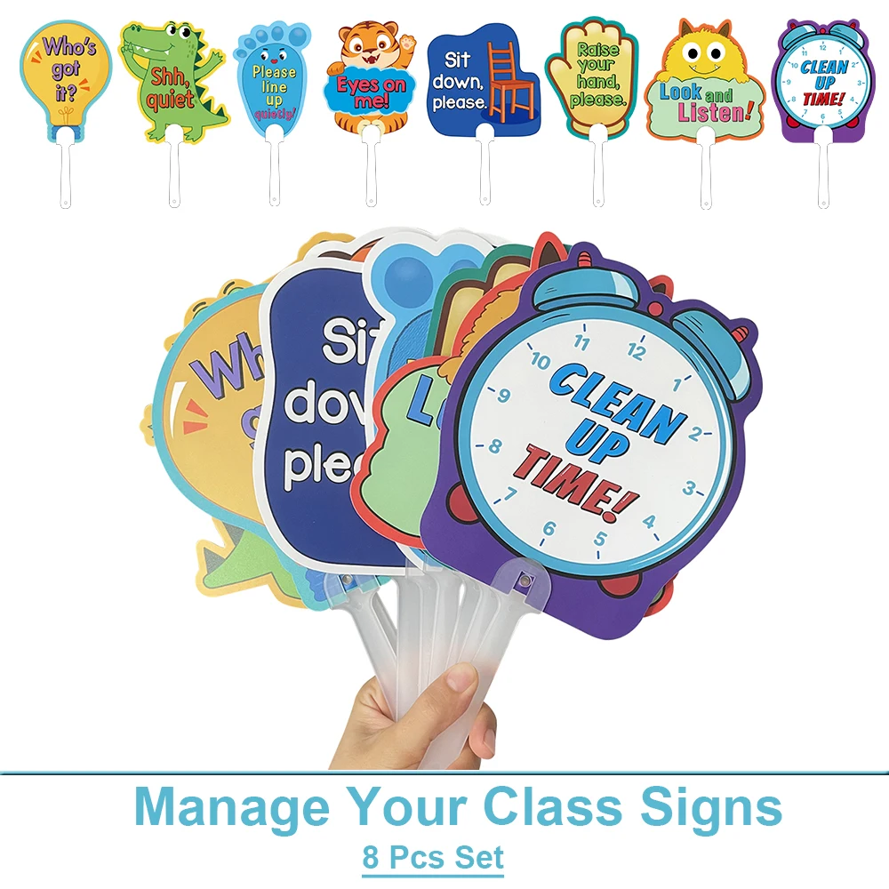 8Pcs Manage Your Class Signs Management Paddles Teacher Action Directions Handheld Board Hand Held Fans Teaching Aids Montessori