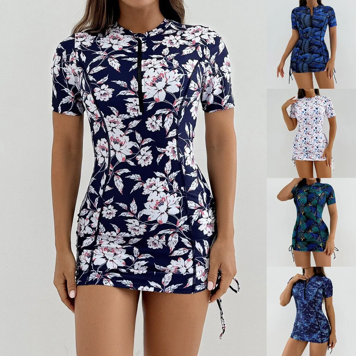 

Woman Tankini Short Sleeve Swimwear Front Zipper Ruched Side Drawstring Waist High Neck Navy Blue White Floral Print Bathing