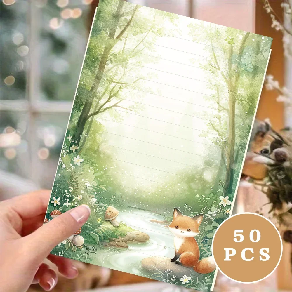 50 Sheets,Healing Fairy Tale Fox Watercolor Themed Writing Paper,Lined, Glue-free,Very Suitable For Notebooks,Memos,And Stickers