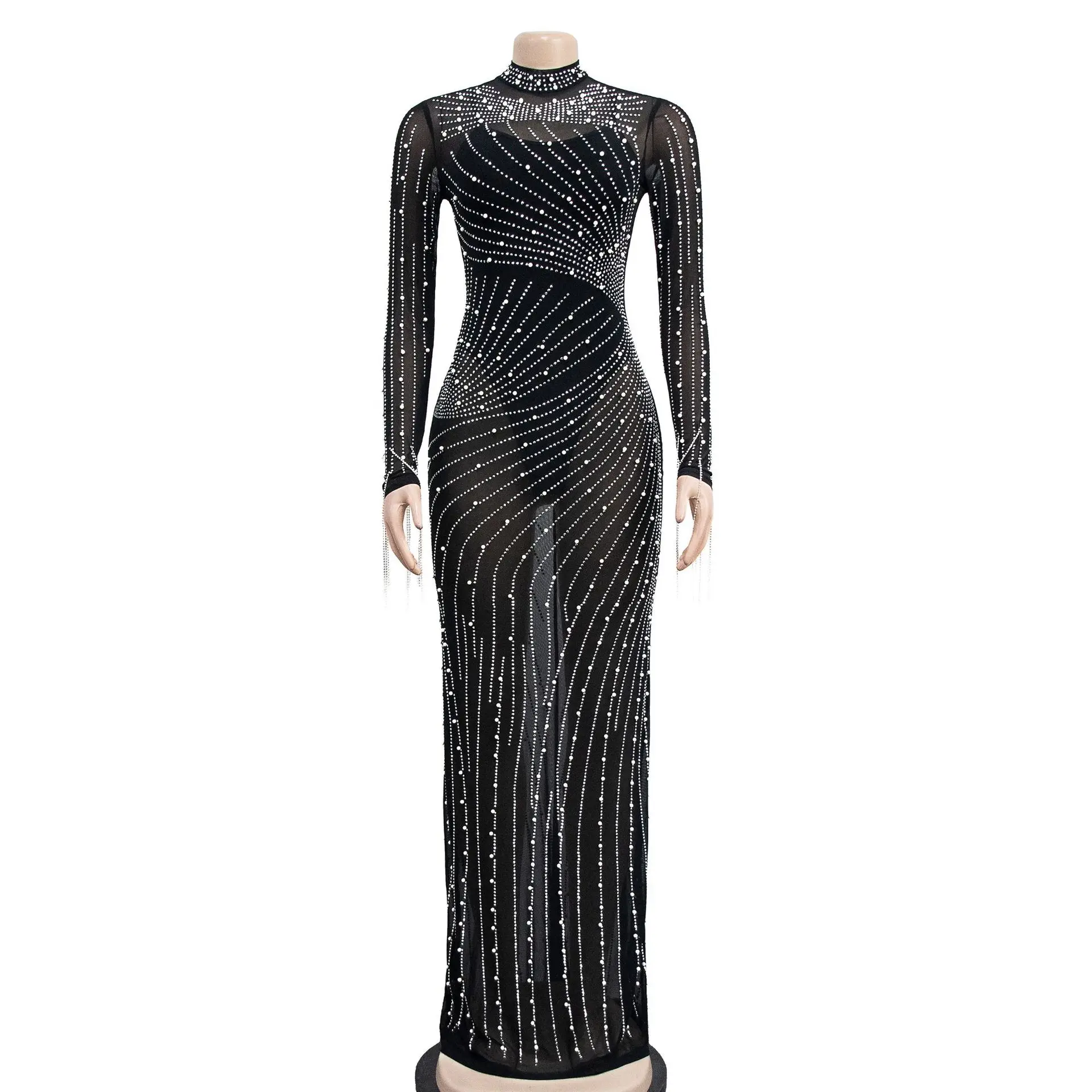 

New Fashion Sexy Long Sleeve O-neck Sequins Mesh Sheer Solid Color Slim Fit Sheath Floor-Length Dress + Playsuits Set,5 Colors