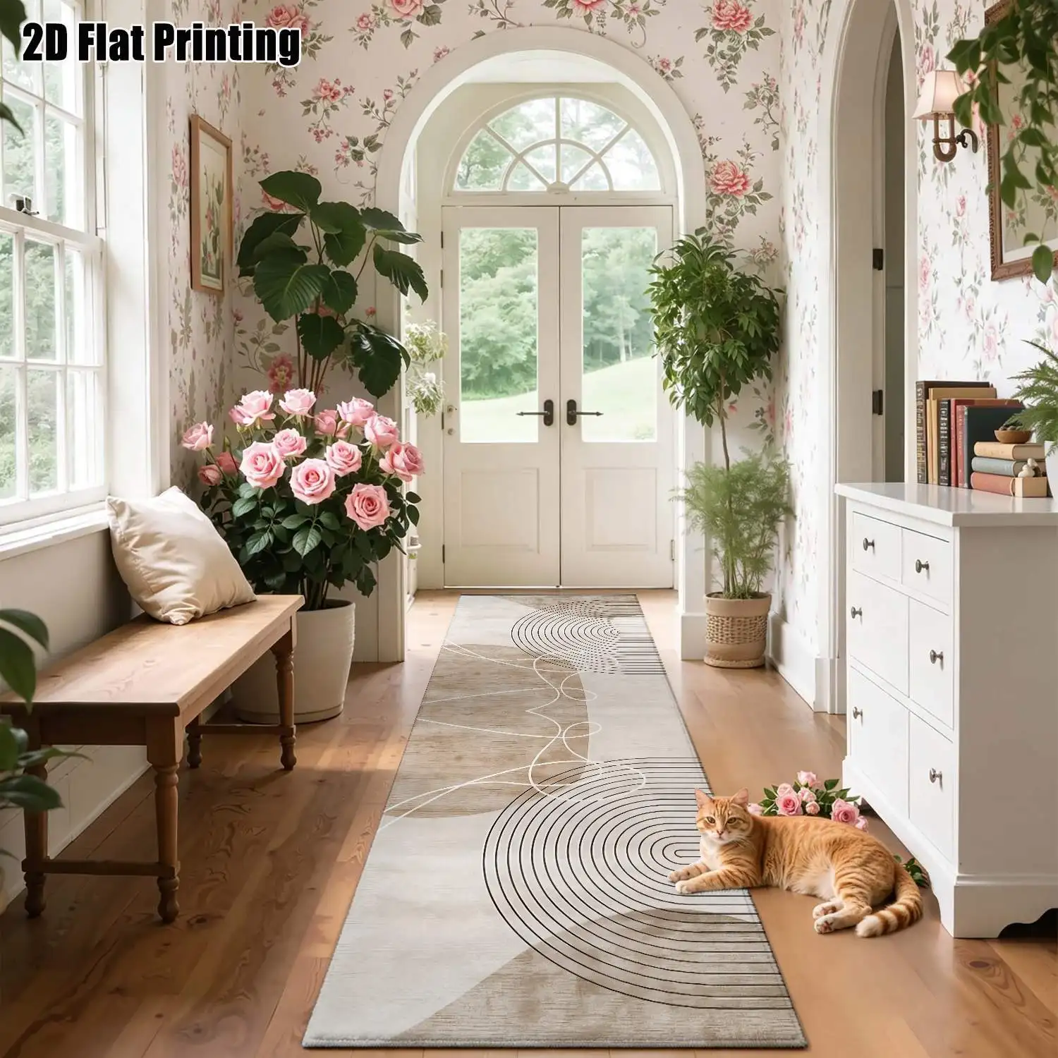 1Pc 2D Printed Long-Strip Running Track Carpet: Beige Geometric Line Pattern, Modern Minimalist Nordic/Instagram Style, Machine Washable, Multi-Size, for Home Entrance, Living Room, Bedroom, Kitchen Decoration