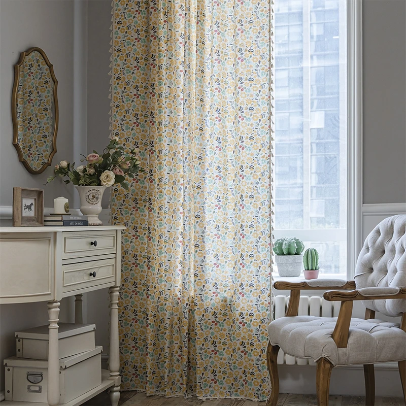 Curtains Finished Flower Print Fringe Small Window Kitchen Valance Cotton Linen Semi-blackout Living Room Bedroom Bay Window