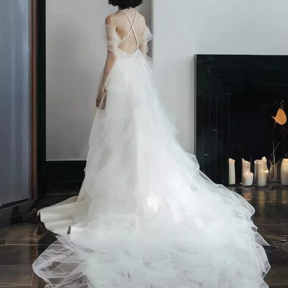 Wedding dress 2025 autumn new satin fairy temperament trailing Mori travel photography fashion veil