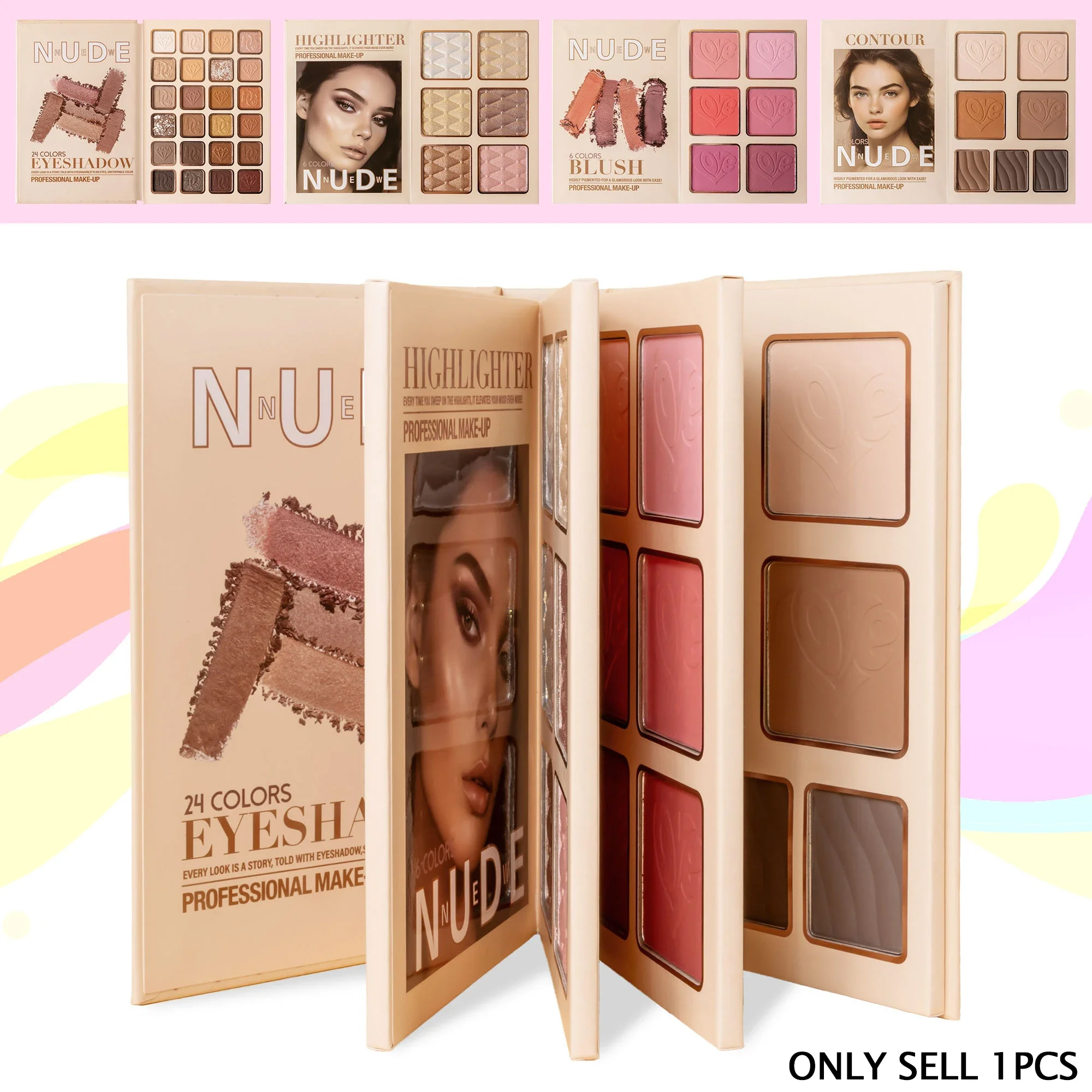 Multi‑Page All‑In‑One Nude Makeup Book Kit, Eyeshadow Blush Highlighter & Contour Powder Palette