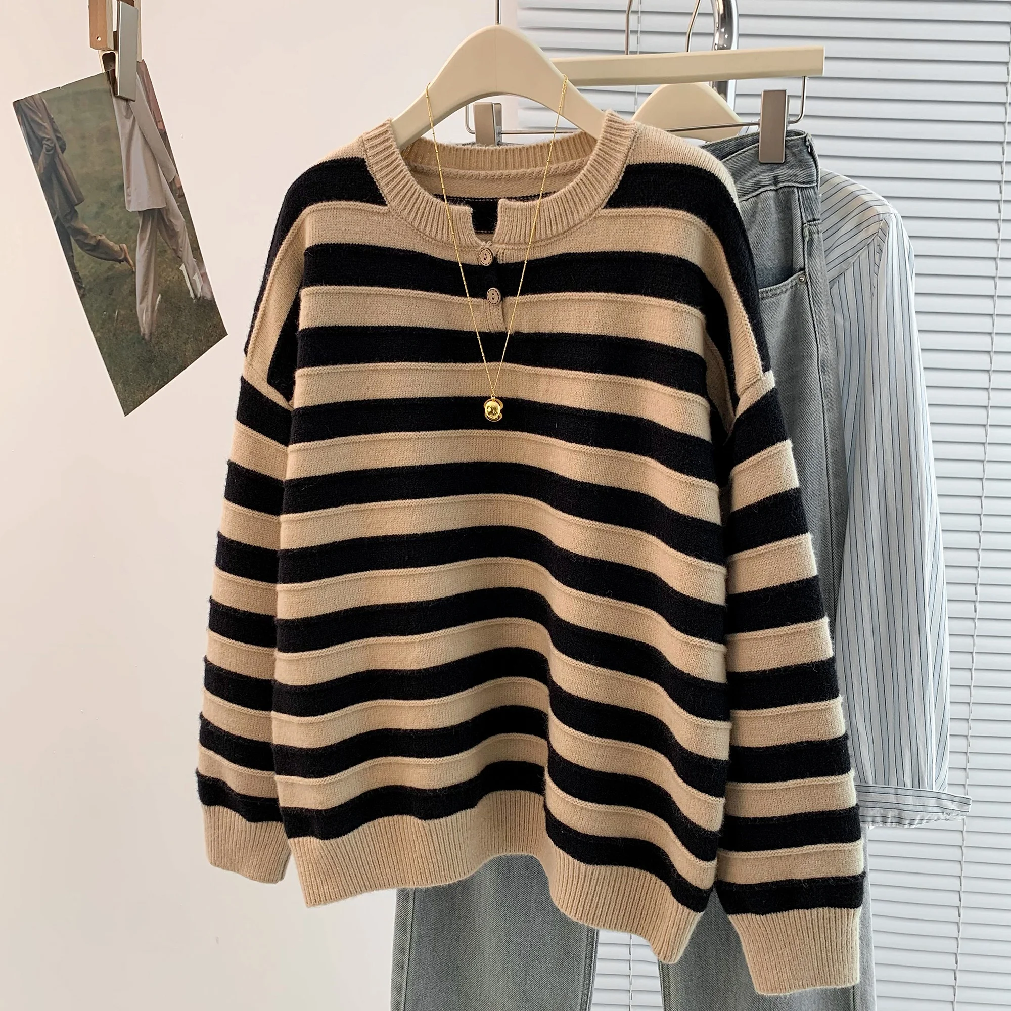 Autumn Winter plus Size Casual Loose Knitted Sweater Stripe round Ne f Open Collar Versatile Age Reduction T-irt for W...