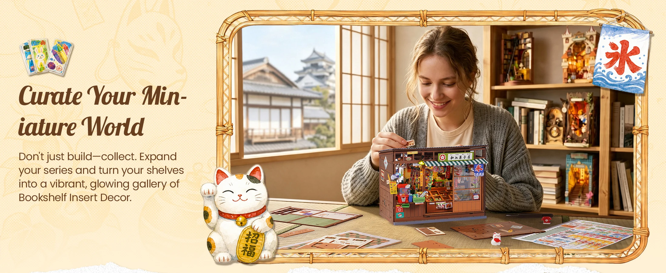 Rolife DIY Book Nook Kit 3D Puzzle Nostalgic Corner Shop Bookends with Sliding Door & LED Light for Bookshelf Decor Wooden DIY Dollhouse Toys for Holiday Gift