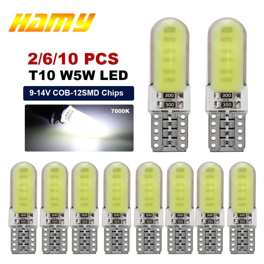 2/6/10 PCS T10 W5W LED Bulbs COB 12V 7500K White Car Interior Door Dome Reading Trunk Wedge Side License Plate Lights Waterproof