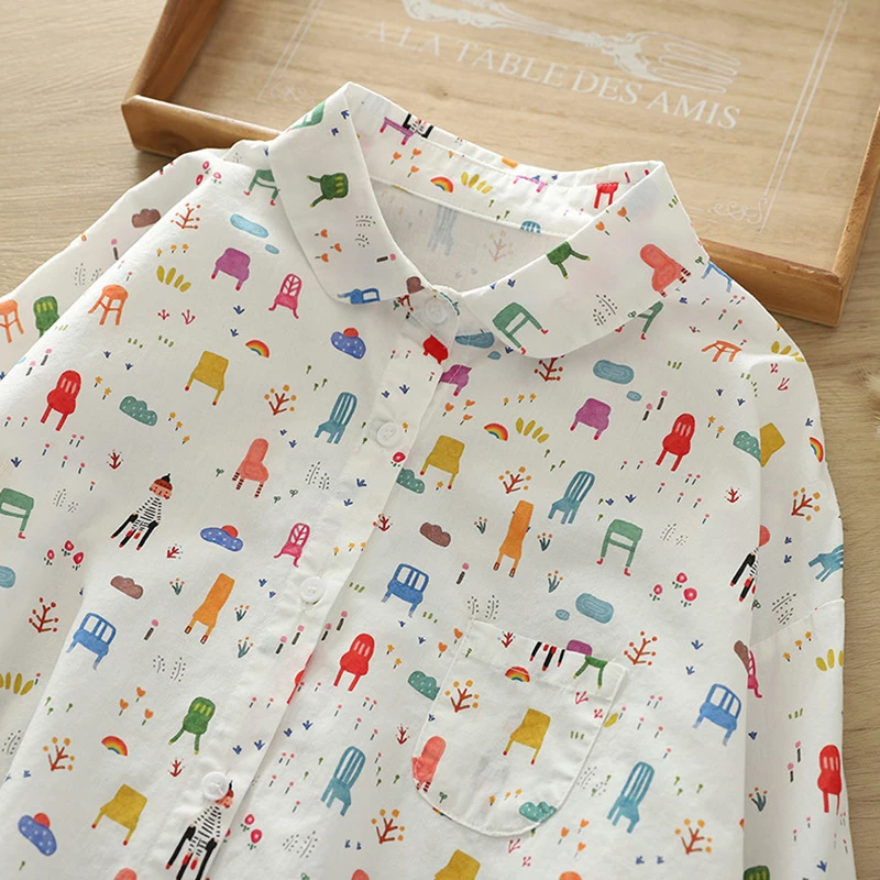 

Весенние и осенние топы с рисунком граффити и принтом стула, женская одежда, милые свободные женские хлопковые рубашки и блузки с длинными рукавами U358