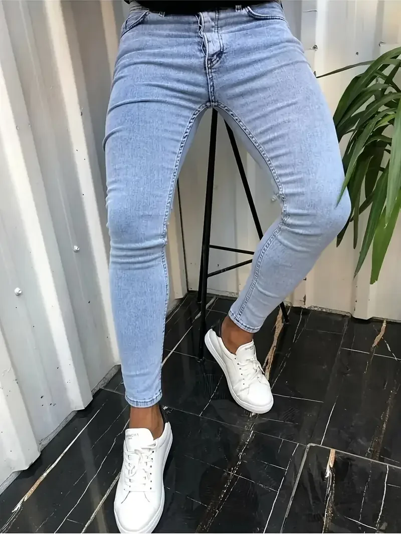 

1pc Men's Slim Fit Stretch Denim Jeans - Medium Stretch 330gsm Woven Fabric, Solid Color Basic Style, All-Season Comfort, Machin