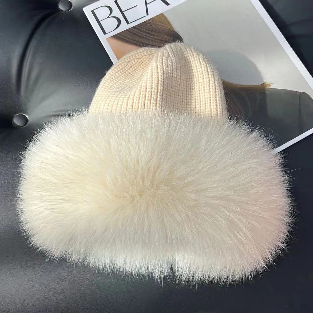 Winter Hats Women Natural Fox Fur Fuffy Warm Fashion Stylish Fedoras Knitted fur hat