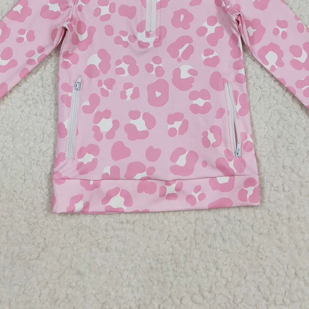سترة يوجا بسحاب على شكل الفهد الوردي للفتيات الصغيرات بأكمام طويلة مع جيوب، بلوفر بناتي مطبوع عليه الفهد باللون الأبيض والوردي