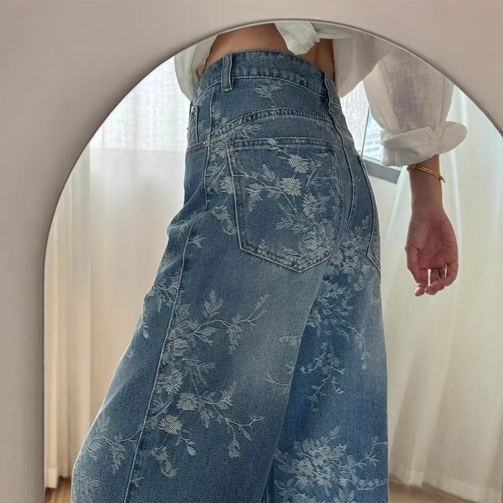 Vintage Fashion Four Seasons Women's Wide Leg Straight Casual Simple Basic Daily Trendy Jeans Pants Female Jeans Pants Clothes