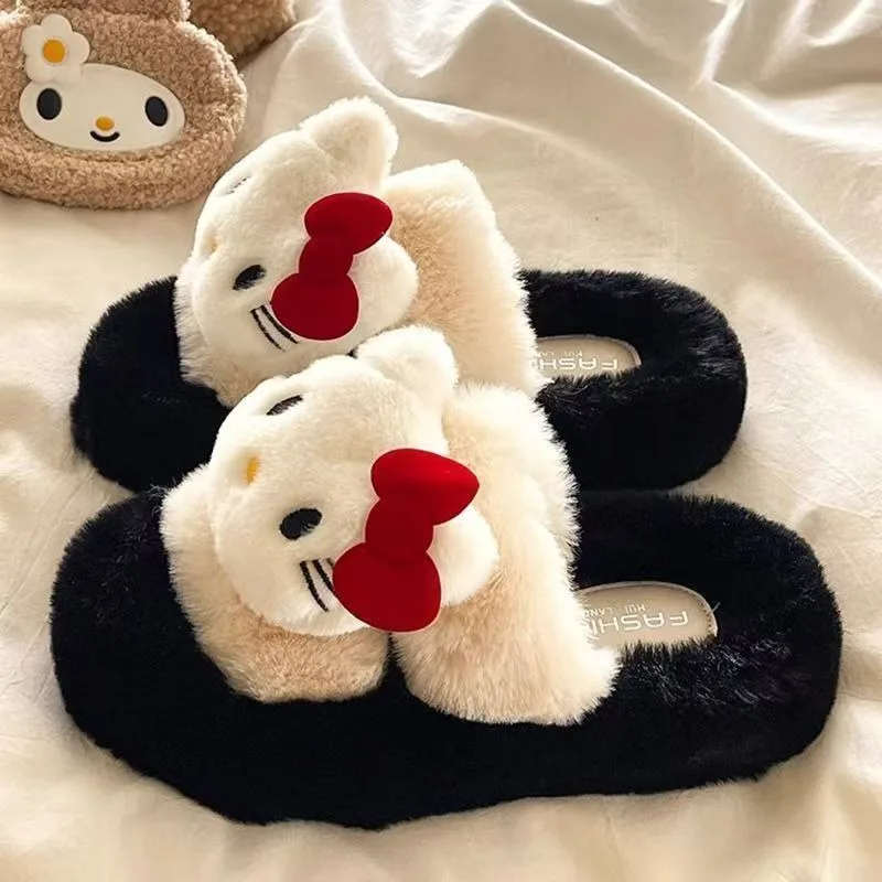Kawaii simpatico cartone animato Hello Kitty pantofole pelose con suola spessa donna autunno/inverno tavolozza di colori dopamina nuova moda regalo adorabile