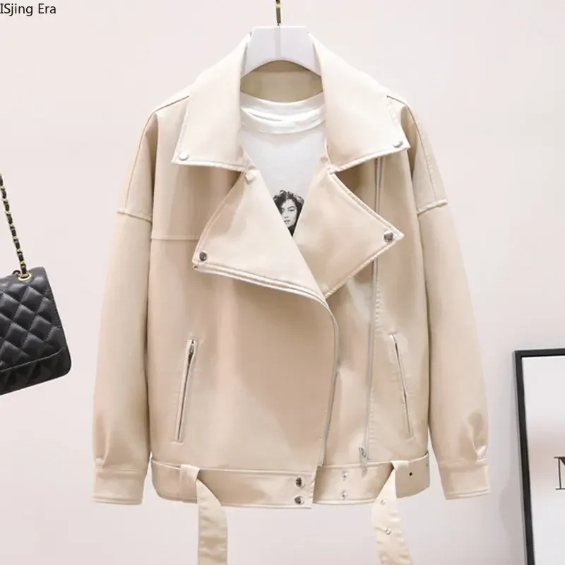 2023 New Motorcycle Leather Coat Women Loose Fit Suit Collar Pu Leather Jacket X12