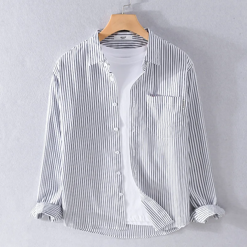 Casual Striped Long Sleeve Shirt Men's Loose Iron-Free Vintage Japanese Style Spring Autumn Fashion Artistic Loose Fit Shirt