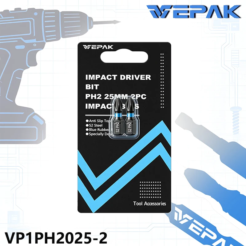 VEPAK VP1PH2025-2 PH2 25mm Impact Screwdriver Bits S2 Steel Anti-Slip Blue Ring Magnetic Drill Bits for Impact Drivers